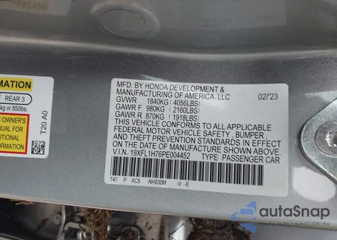 2023 Honda Civic Ex-L /Ex-L W/O Bsi from USA, damaged, VIN 19XFL1H76PE004452